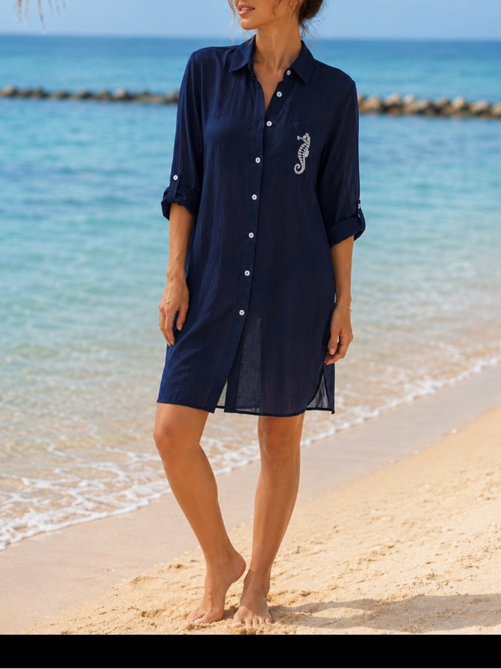 Dotti Navy Button-Front Seahorse Cover-Up Shirt